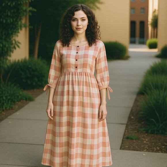 Hidden Alley Pink White Plaid Cottagecore Prairie Dress Short Tie Sleeve Maxi - Picture 1 of 10